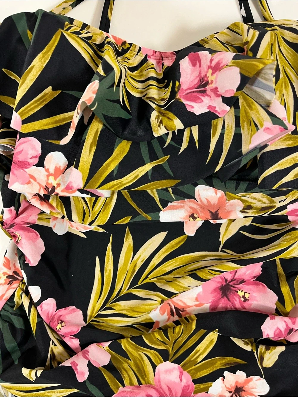 Kona Sol Black One Piece Swimsuit Pink Floral Green Leaf Print, size Medium